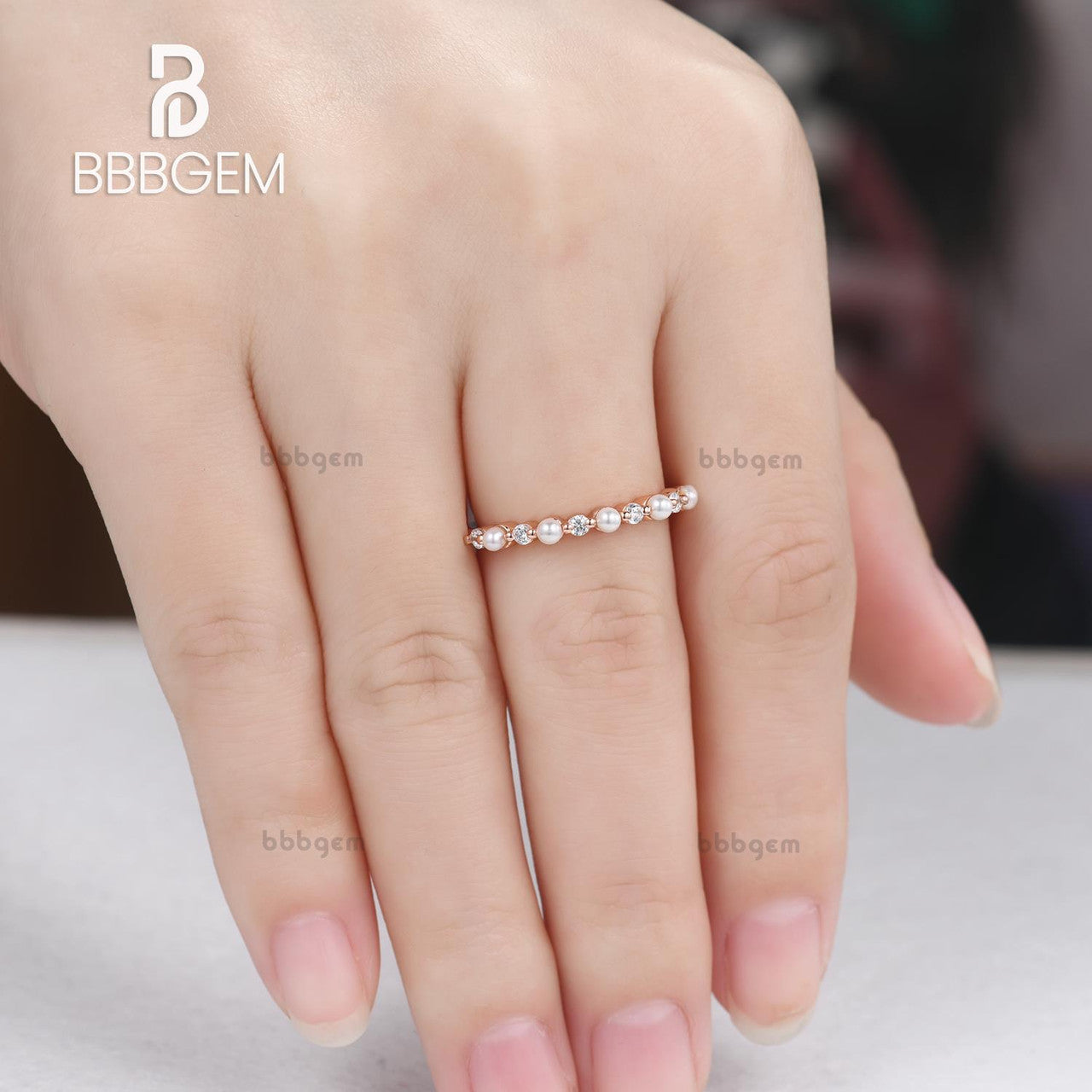 Duo Five Stone Alternating Pearl & Diamond Ring Band | BBBGEM