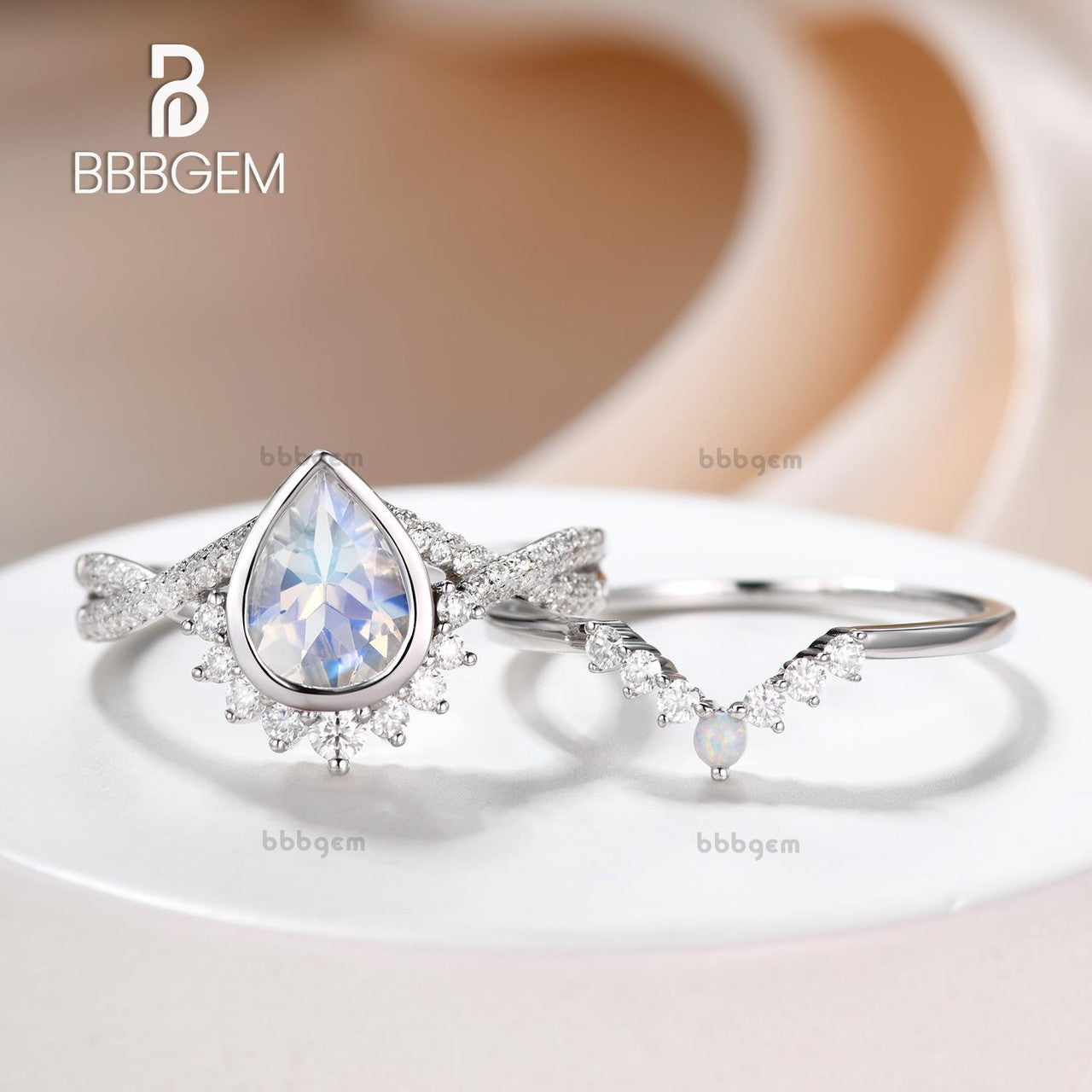 Vintage Pear Shape Moonstone Engagement Ring Set Diamond Infinity